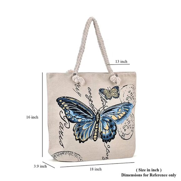 Beige/Blue Butterfly Pattern Jute Large Tote Bag - Picture 2 of 4